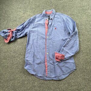 VTG Springfield Mens M Custom Fit Blue Button Down Shirt Red Contrast Trim Logo